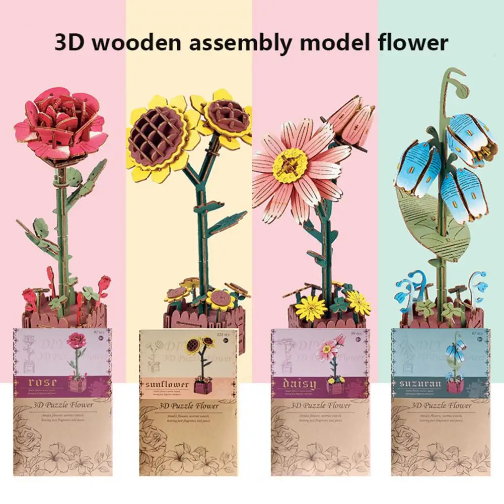 3D Wooden Flower Puzzle Kit DIY Botanical Bouquet Building Set Wood Sunflower/Rose Floral Craft Kit for Mother's Day Gifts