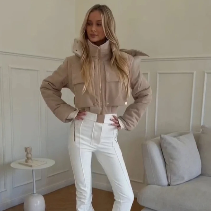 Women 2 Piece Winter Matching Set Faux Fur Hood Cropped Puffer Jacket High Waist Belted Seam Flare Pants Warm Outfit Skiwear