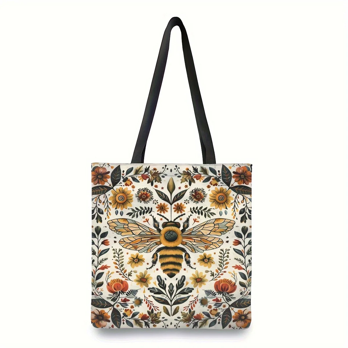 

1pc Stylish Bee & Floral Print Tote Bag - Spacious Casual Shoulder Bag for Shopping & Everyday Use
