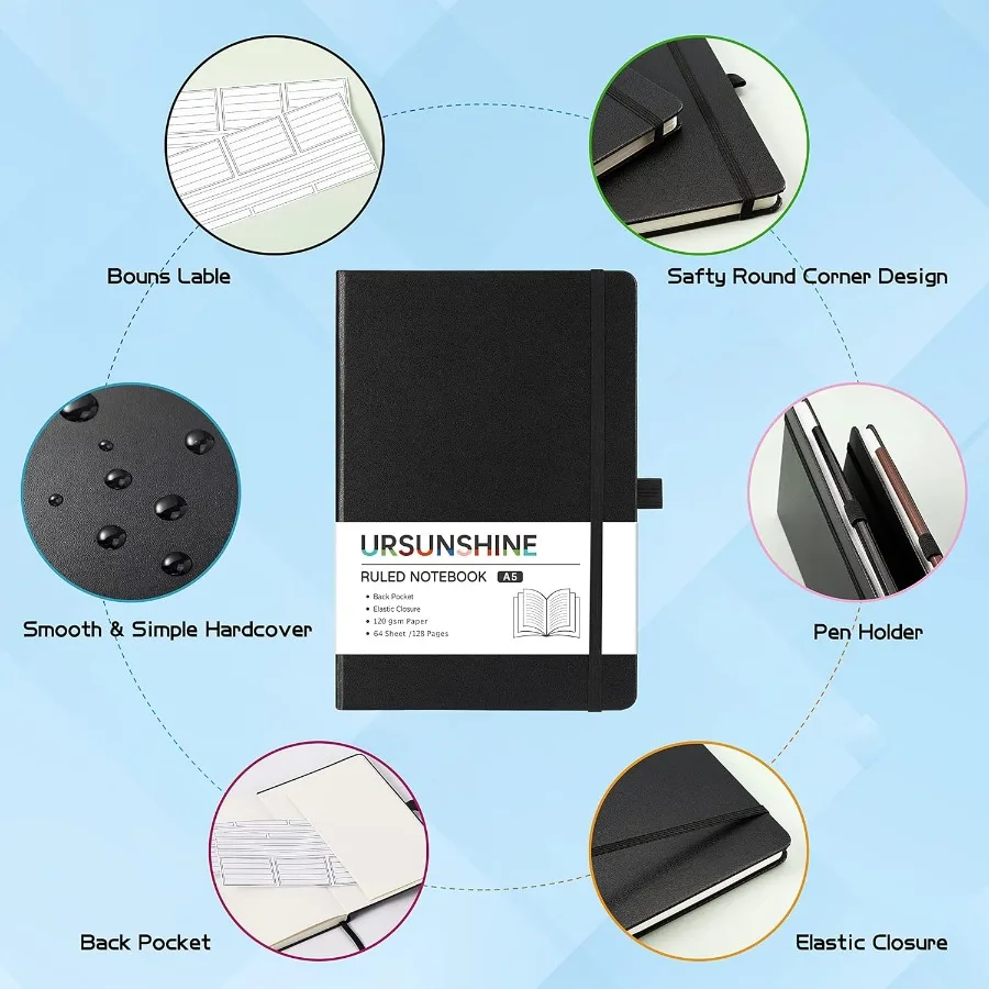 دفتر ملاحظات مسطر Jourl دفتر ملاحظات كلاسيكي مبطن مقاس 5.3 بوصة × 8.26 بوصة غلاف فني مع نطاقات ورقية سميكة + حامل قلم + وعاء داخلي أسود