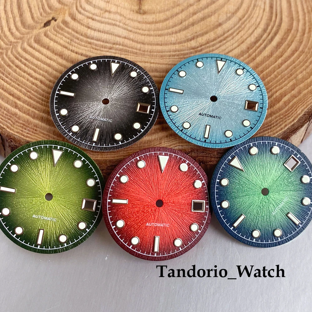 Tandorio 29mm Miyota 8215/PT5000/ETA 2824 Sunburst Watch Dial Gradient Green/Red/Black/Blue Luminous Date Dial Replacement