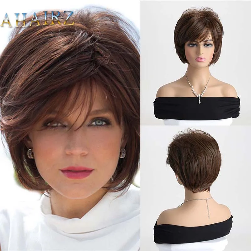 Synthetic Dark Brown Curly Wigs With Bangs Short Pixie Cut Wigs for Women Daily Wear Heat Resistant