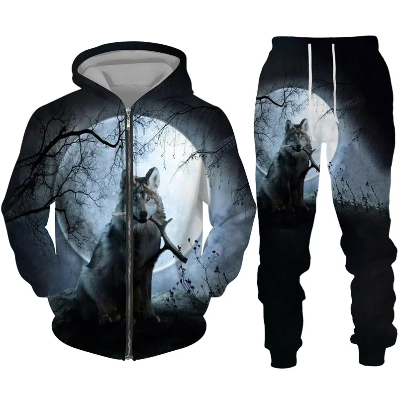 Men Zipper Hoodie Suit 3D Print Animal Wolf Tracksuit/Pants Long Sleeve Casual Streetwear Oversize Autumn Winter New Hot-selling