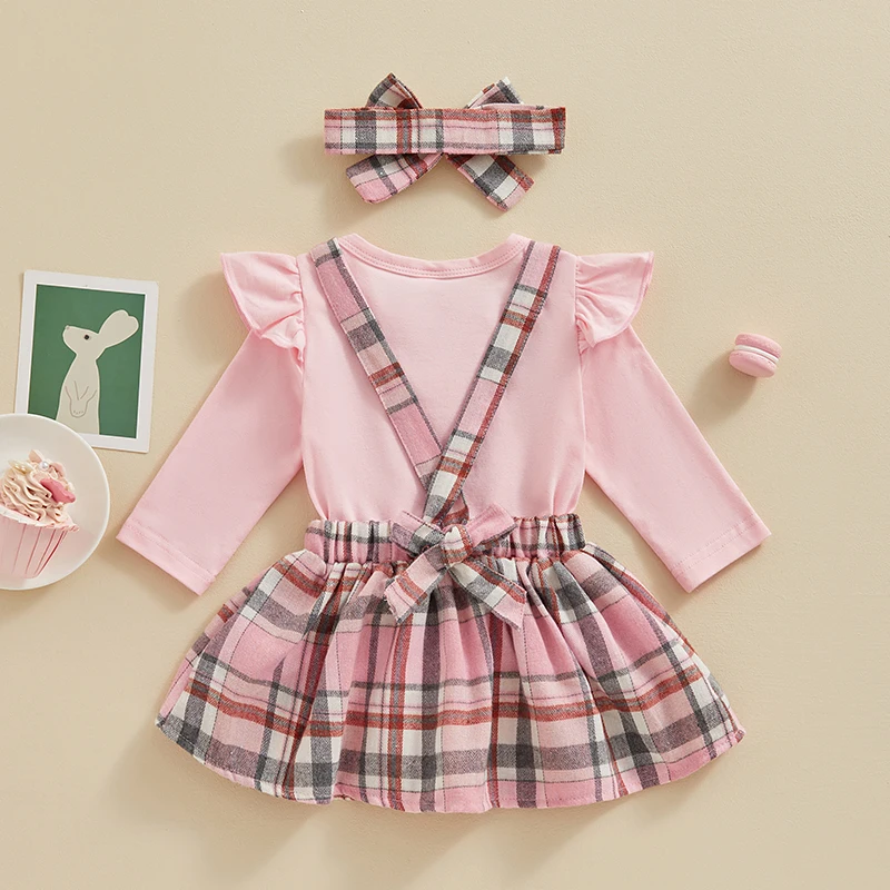 Baby Girls Easter 3PCS Sets Pink Flying Sleeve Romper Bunny Embroidery Plaid Suspender Skirt Headband Sets