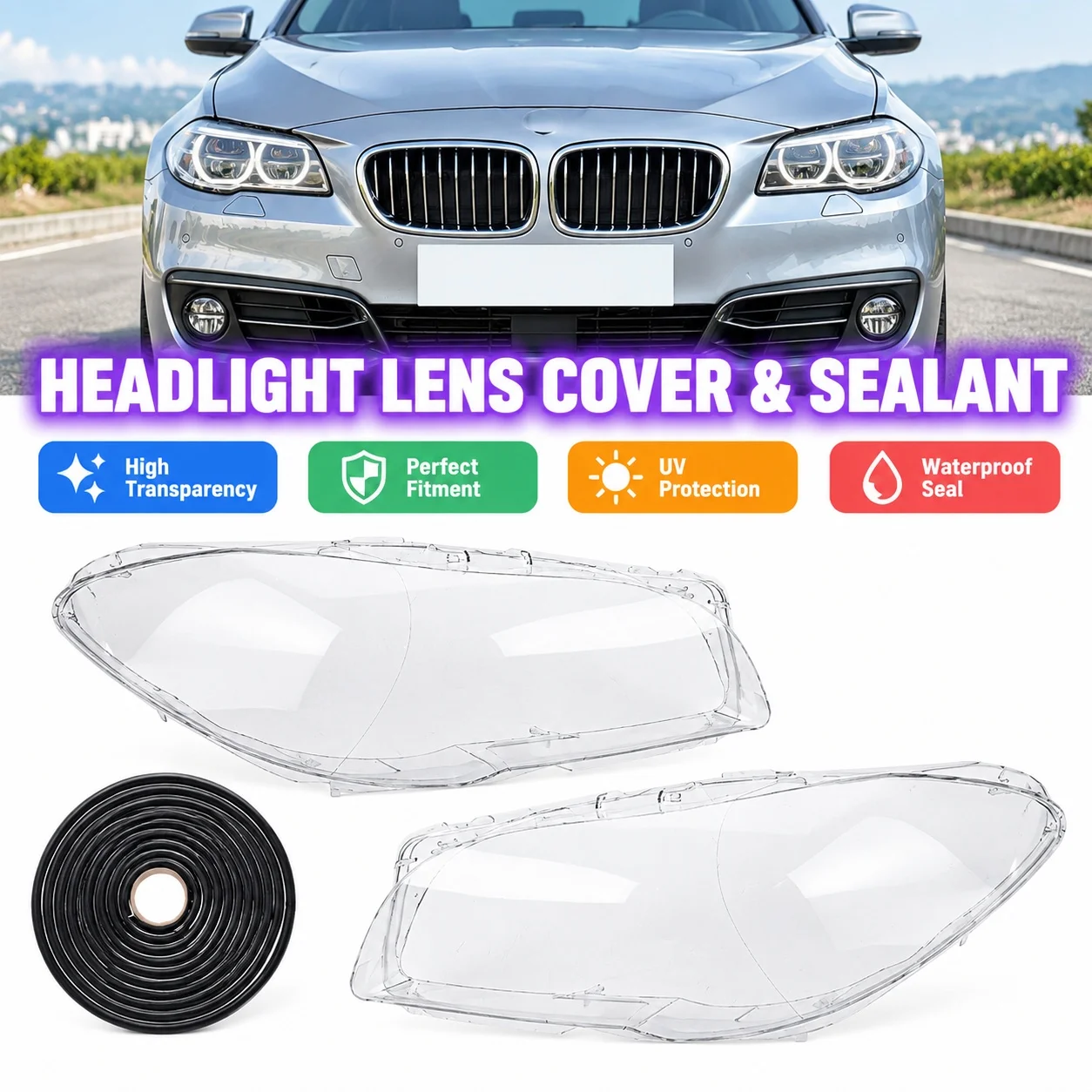 Klare Scheinwerferlinsen-Gehäuse-Set 4M Butyl-Dichtungsstreifen für BMW F10 F18 5er-Serie 2010-2014 Frontlicht Transparente Glasabdeckung Wasserdicht Antibeschlag Kratzfest