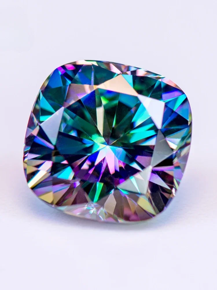 Moissaniet steen, regenbooggroene kleur, kussenslijpsel, in het laboratorium gecreëerde, hittebestendige diamant, geschikt voor het maken van