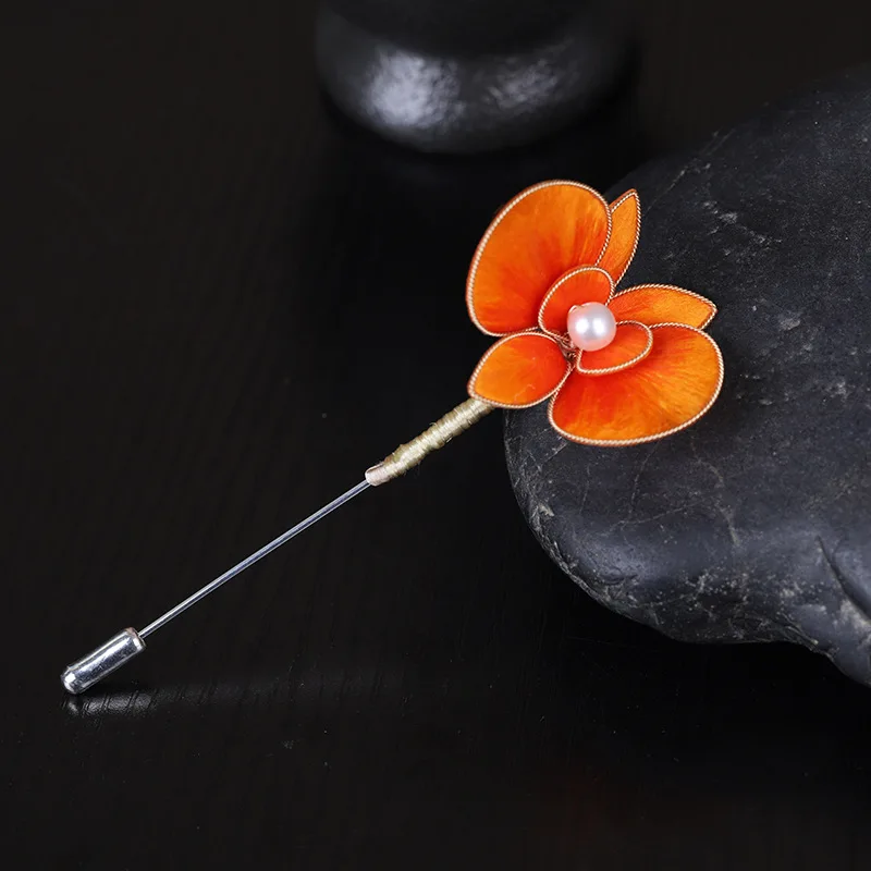 Chinese Traditional Intangible Cultural Heritage Handmade Orange Phalaenopsis Velvet Flower Brooch Hanfu Mamianqun Accessory Del