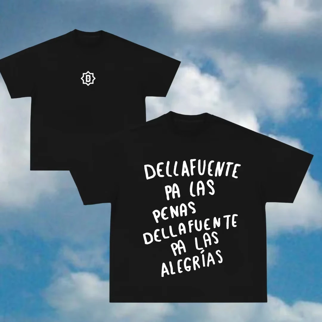 Dellafuente Pa Las Penas Spanish Rapper Music Pattern Pure Cotton T-shirt 2026 Summer Oversized Men's Women's Retro Y2k Clothing