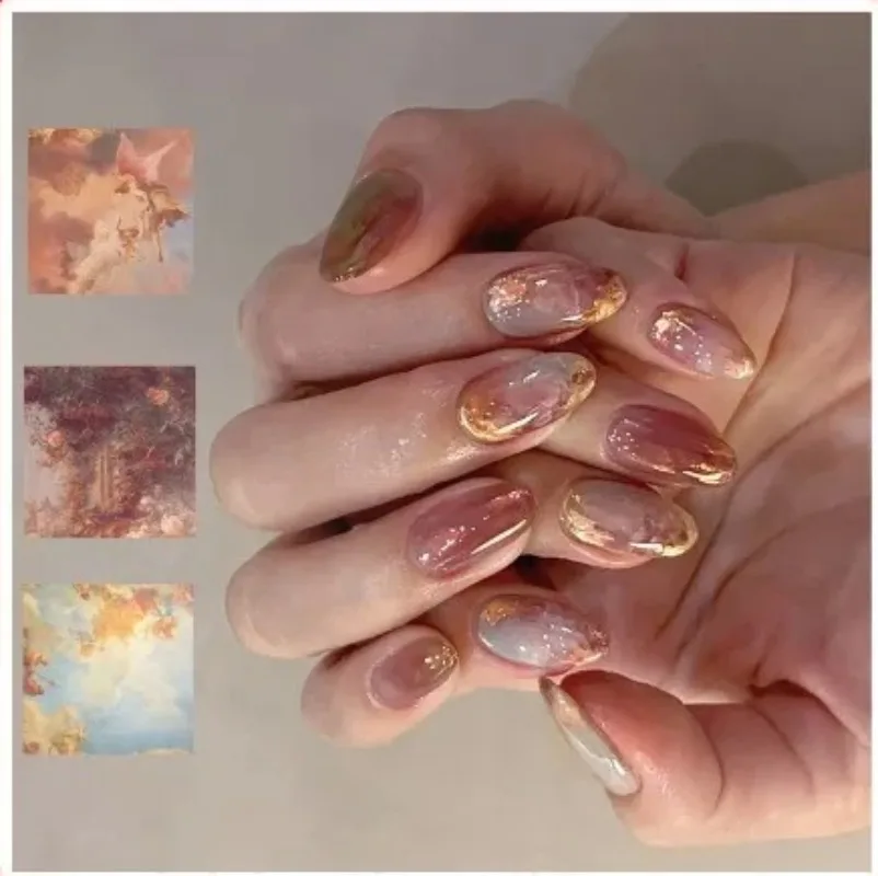 

24PCS Retro Smudge Oil Painting Series Fake Nails Almond Nail High-level Texture Graffiti Flowers Romantic Whitening Wear Nails