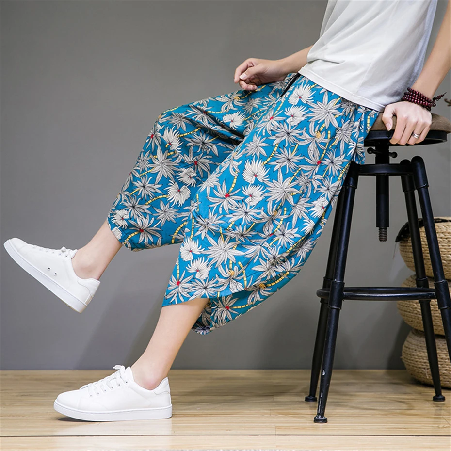 

Summer Linen Pants Men Hip Hop Streetwear Flower Graffiti Calf-length Pants Fashion Loose Pant Male Harajuku Bottom