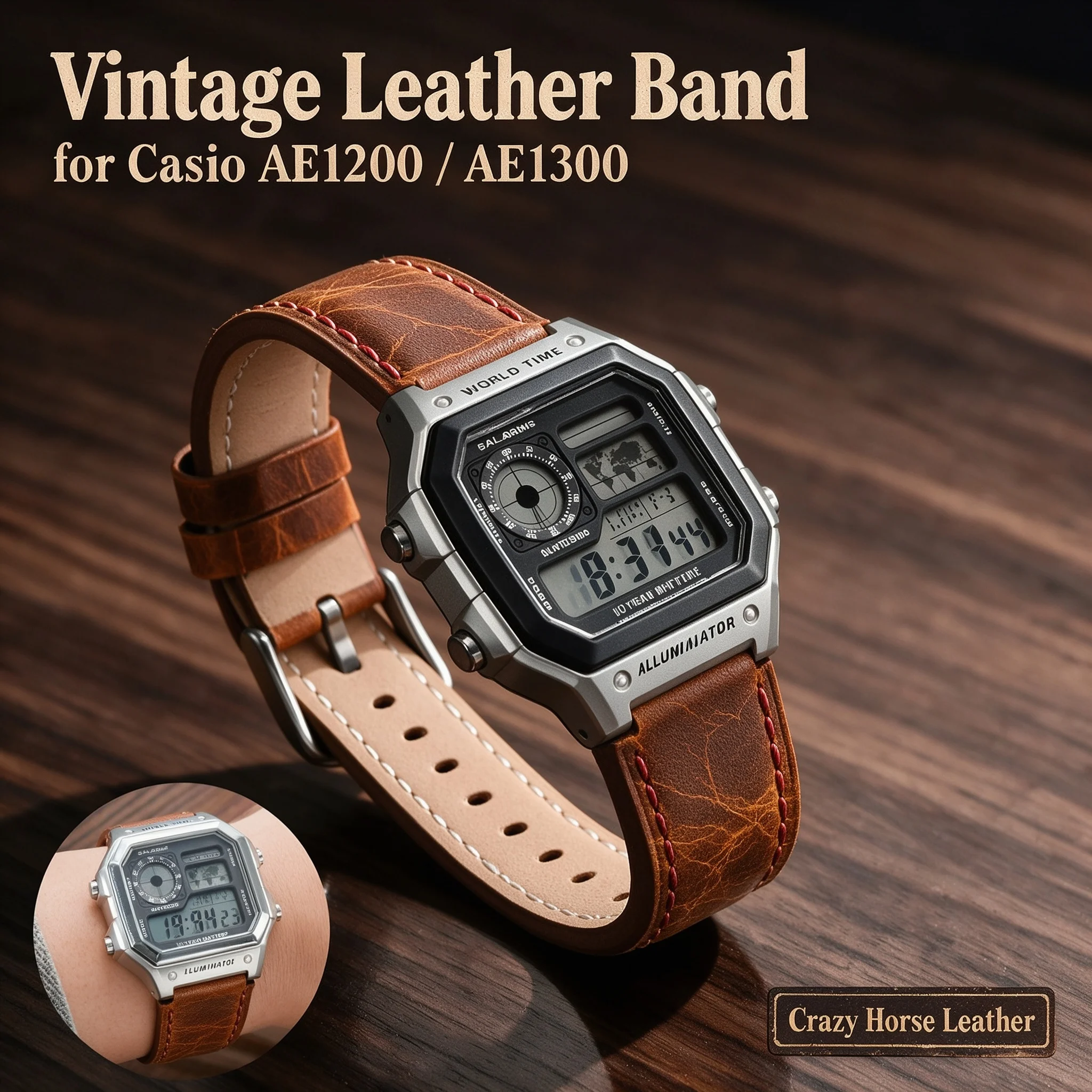 Retro Genuine Leather Strap For Casio AE-1200 /1300 A158W A159 A168 W-216h AE1200 Convex Mouth Vintage Watch Band Bracelet 18mm