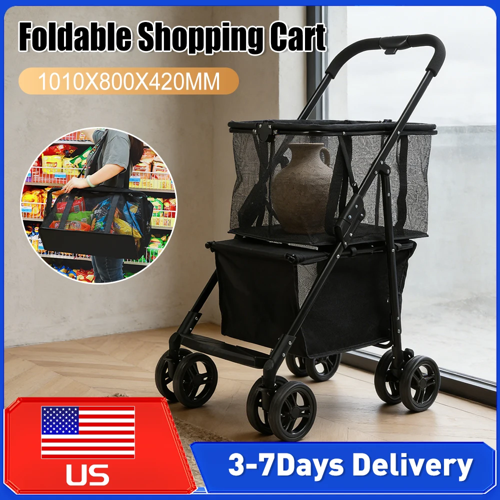 

Foldable Collapsible Shopping Cart with Wheels Removable Basket Multifunctional Grocery Cart for Camping Picnic Laundry Shopping