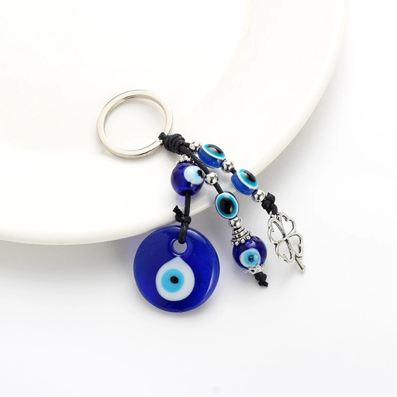 Turkish Blue for Evil Eye Keychain Car Pendant Keychain with Blue Beads Four-leaf Clover Keychain Good Luck House Dropship