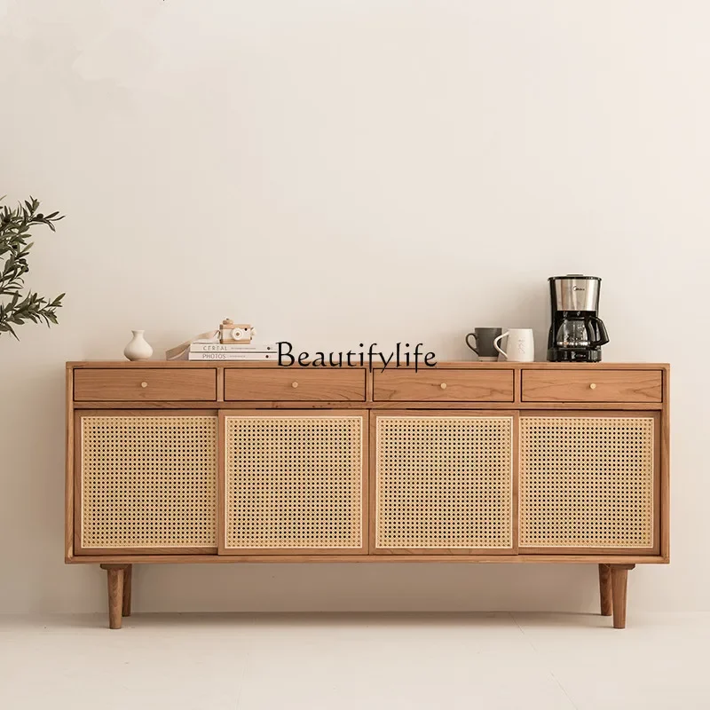 

yj9 Nordic solid wood rattan dining side cabinet Japanese living room log locker