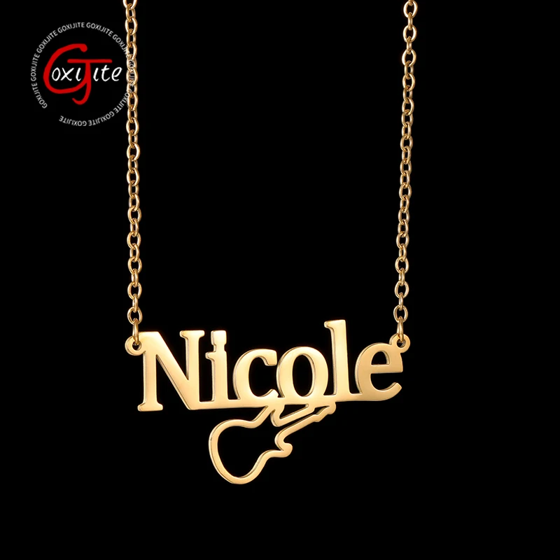 Goxijite Fashion Custom Name Necklace Stainless Steel Personalized Guitar Pattern Nameplate Necklaces Men Women Jewelry Gift