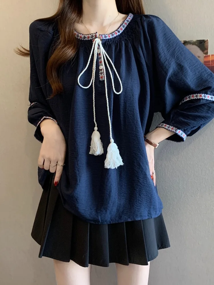 

Ele Embroidered irt Women's Loose Fit Innerwear Outerwear Capable Belted Spring Faion Artistic Sle Long Sve