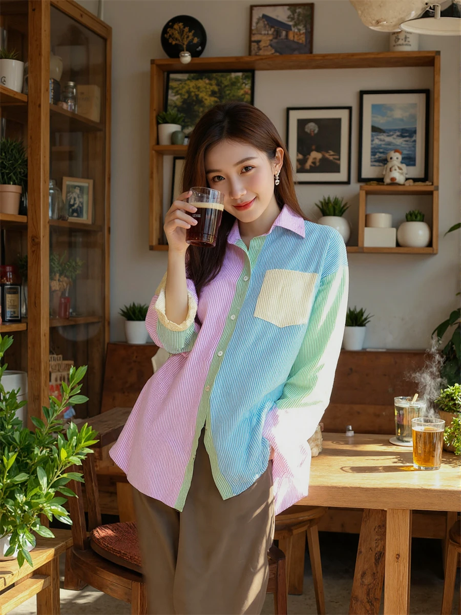 

Lightweight Candy Color Women’s Shirt with Striped Patchwork Long Sleeves and a Youthful Korean Look for Casual Daily Wear