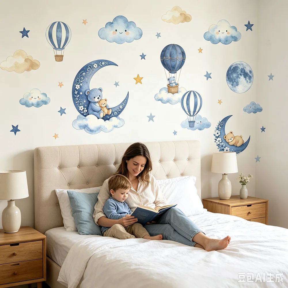 Cute Bear Moon Star Wall Stickers For Children's Room Girls Boys Baby Kids Room Decoration Cartoon Animal Wallpaper Vinyl Decals