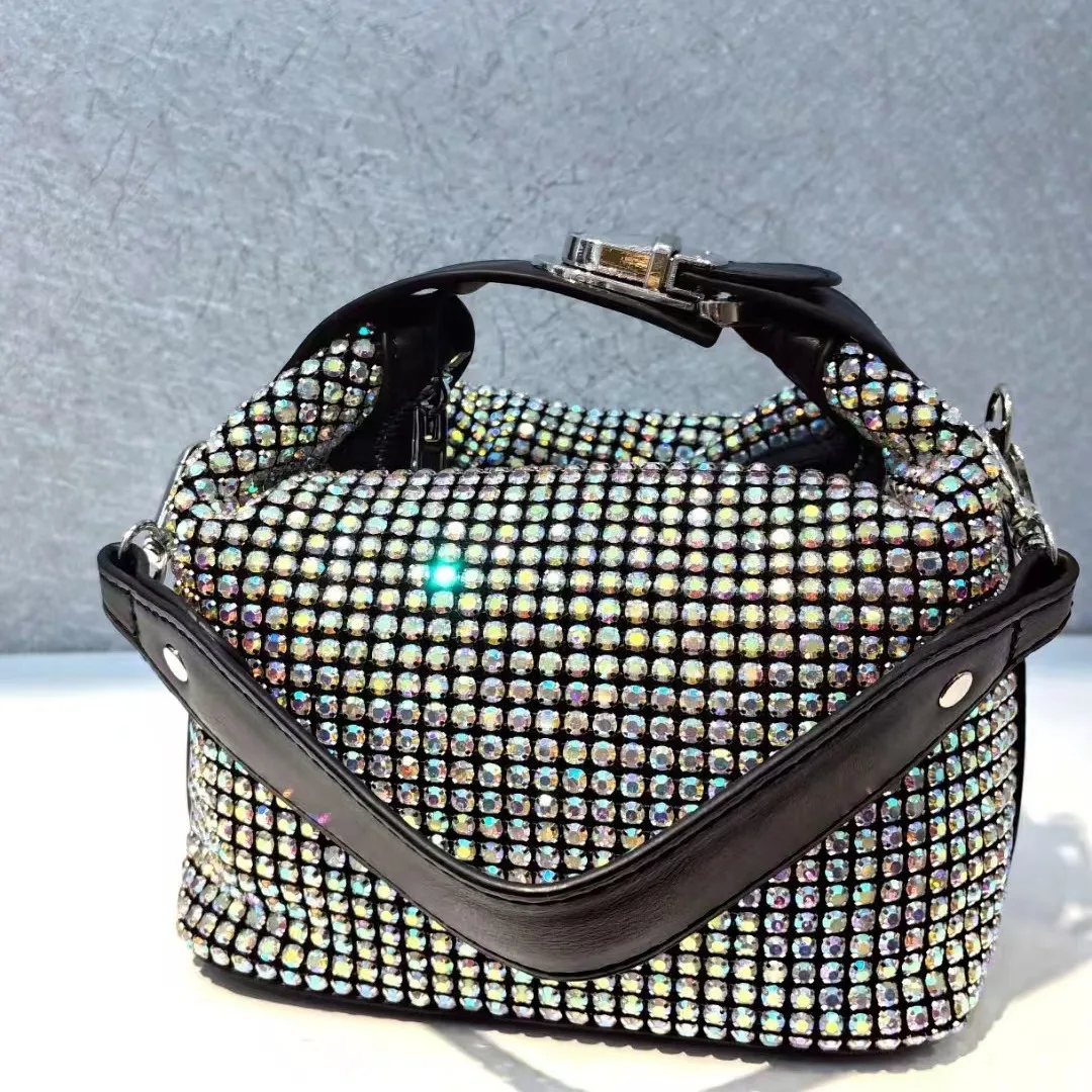 Classic Rhinestone Lunch Box Full Diamond Handbag King Hand Holding Dinner Bag Personalized Small Square Women's Handbag Wedding