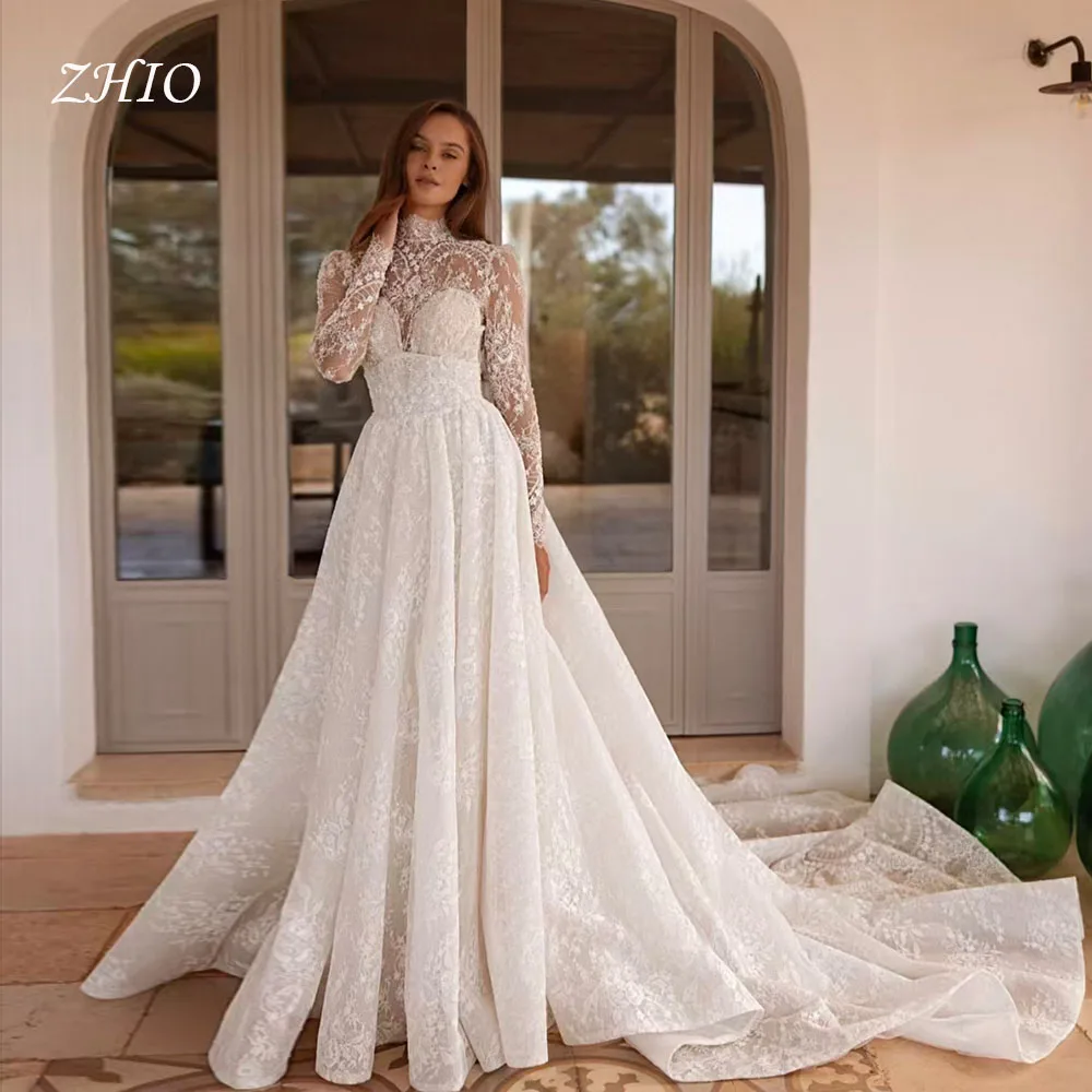 ZHIO خمر فستان الزفاف الدانتيل رائعة عالية الرقبة انفصال قطار الديكور حورية البحر امرأة فستان زفاف مخصص Vestido de novia #1