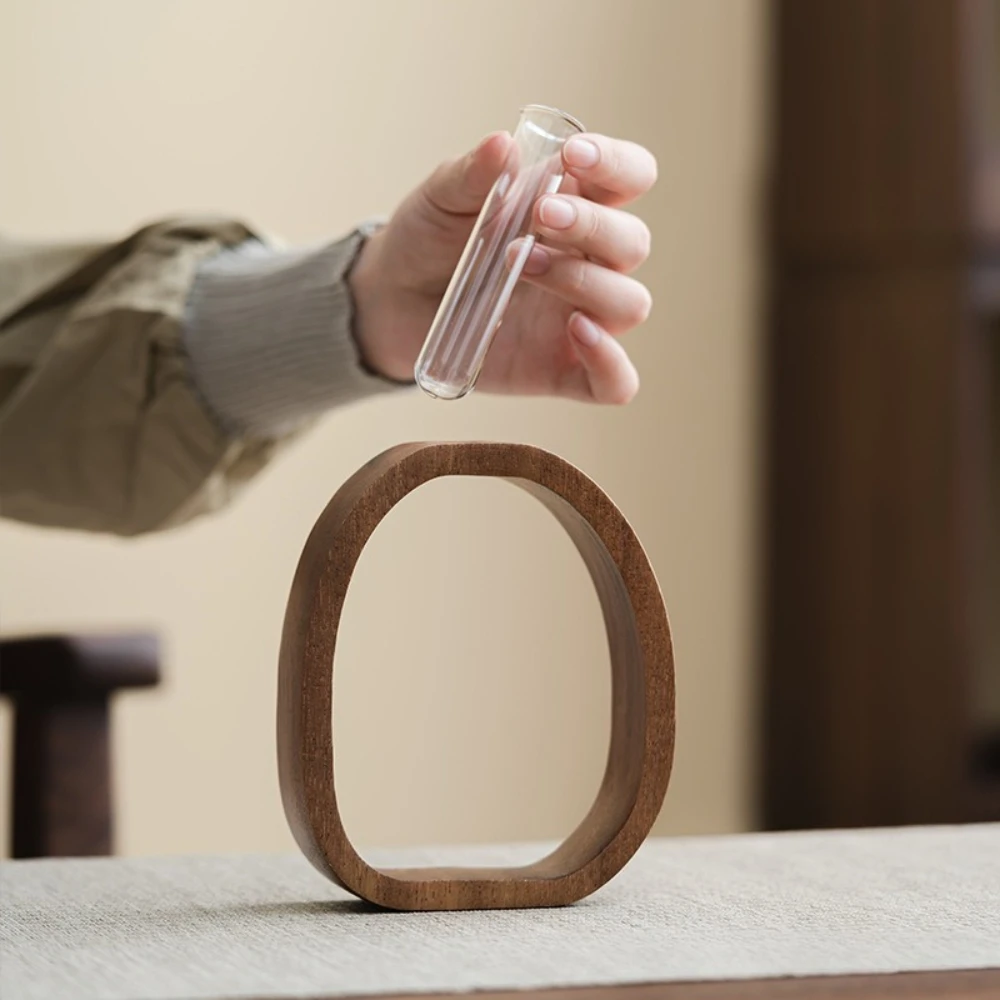 Walnut Solid Wood Hydroponic Flower Vase Desktop Decoration Simple Glass Plant Mini Aquatic Vase Hydroponic Flowerpot