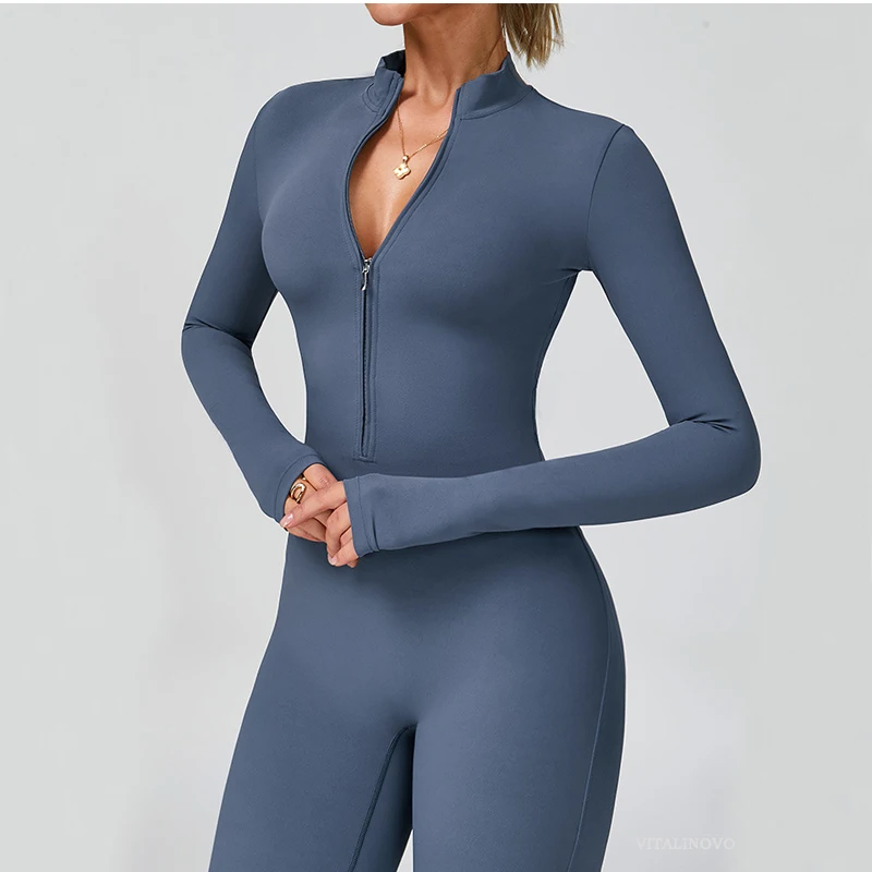 VITALINOVO Damen-Overall mit langen Ärmeln, Flare-Workout-Overall, Reißverschluss, Strampler, Hose, weites Bein, Ganzkörper-Body, figurbetont, einteilig – Detail 20