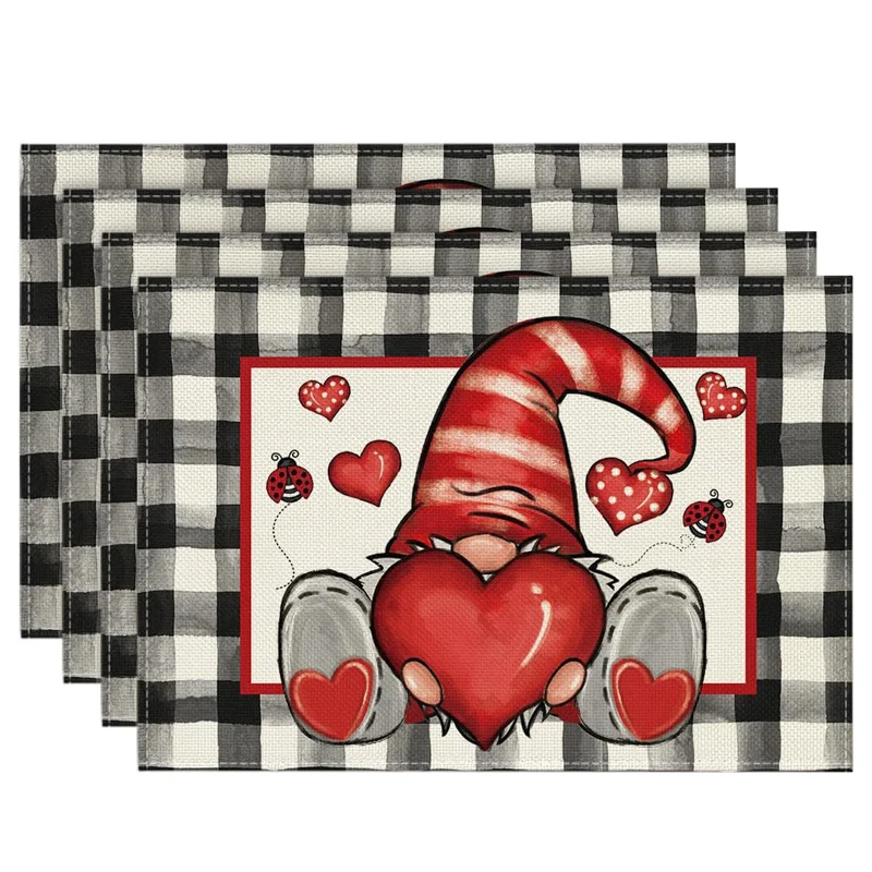 4pcs Linen Table Mats for Happy Valentines Day Table Decoration Love Heart Faceless Doll Placemat Black White Pattern Table Pads