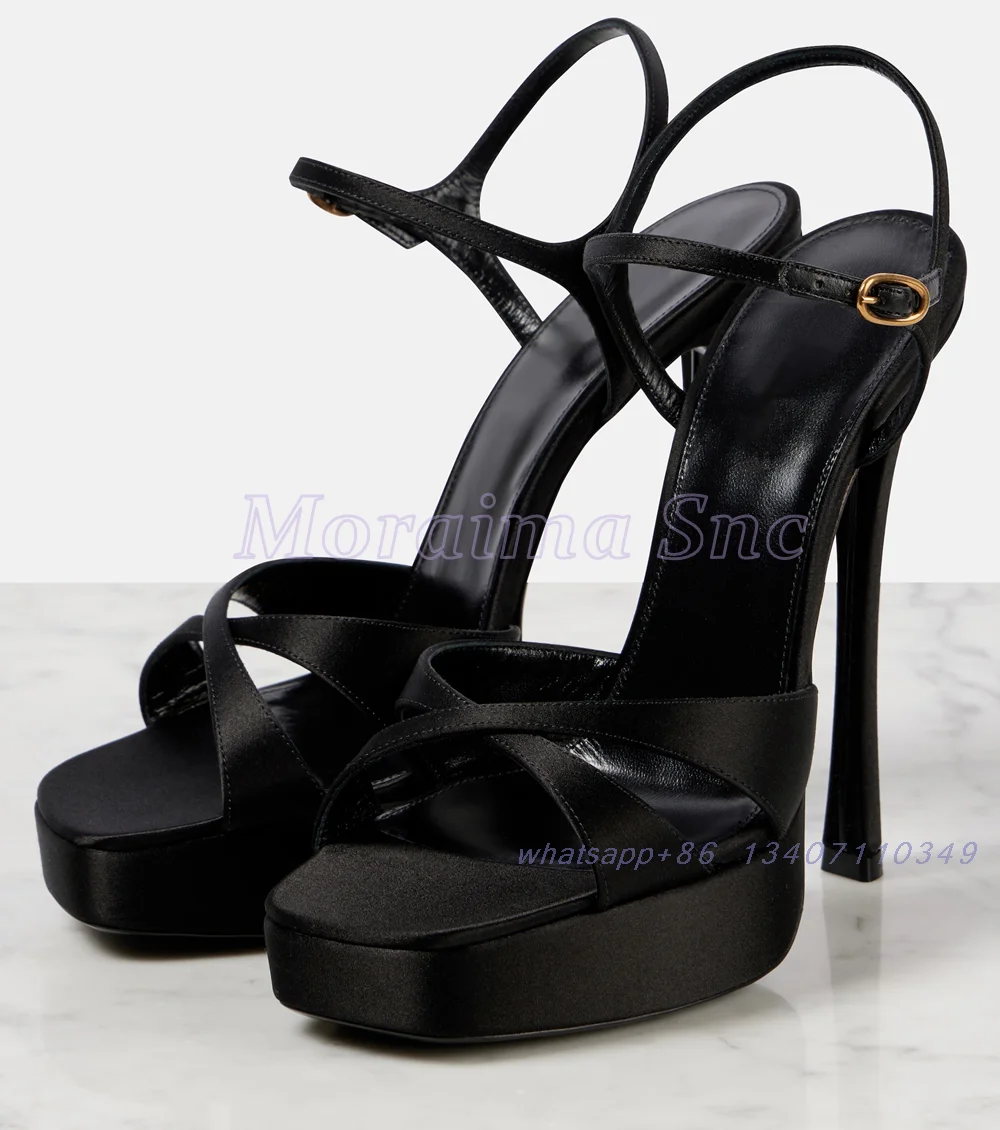 Platform Square Toe Satin Sandals Cross Strap Stiletto High Heel Ankle Buckle Strap Sexy Women's Dress Shoes Banquet Party 2025