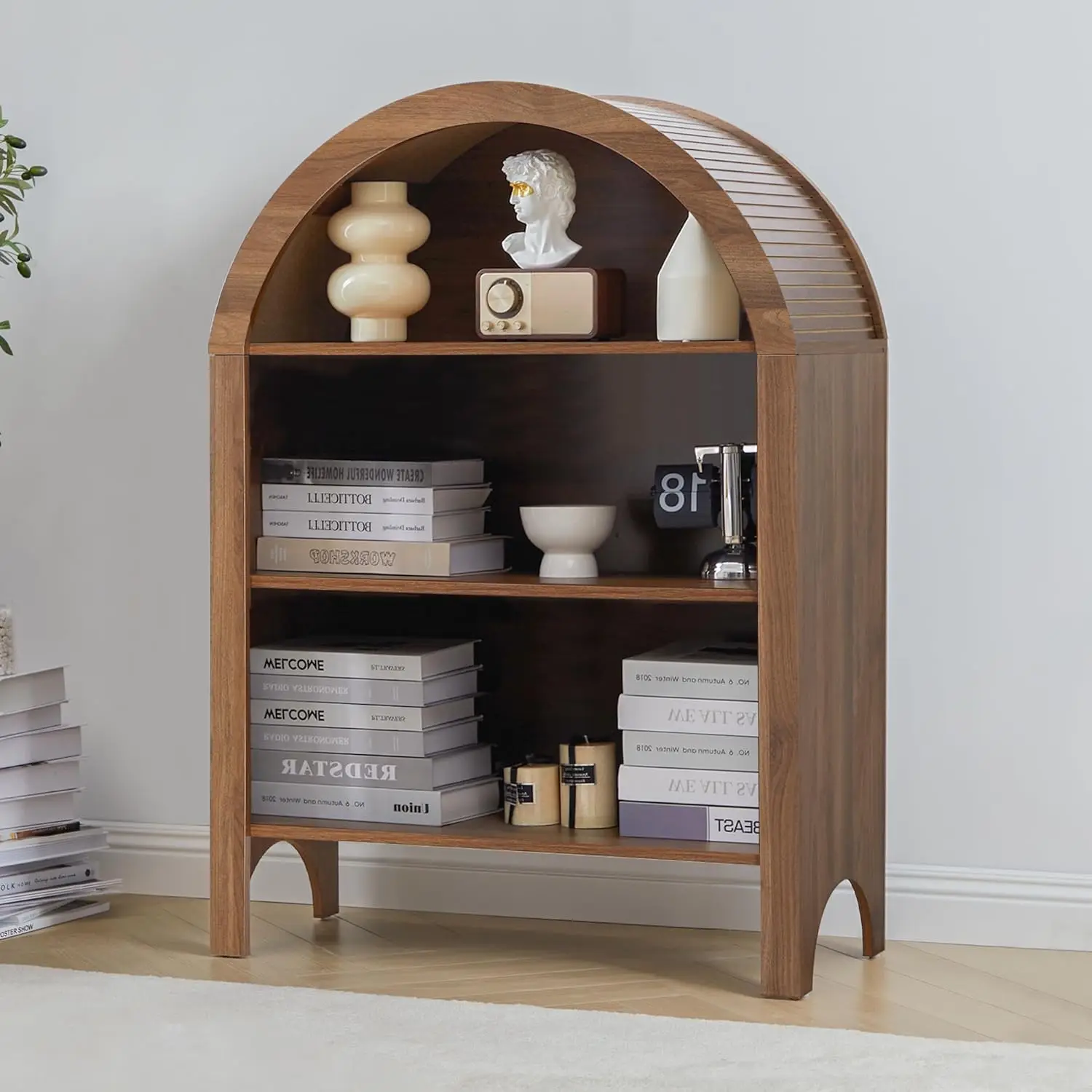 

3-Tier Arched Freestanding Bookcase Adjustable Open Shelf Low Storage Display Cabinet Office Living Room Walnut, Customized