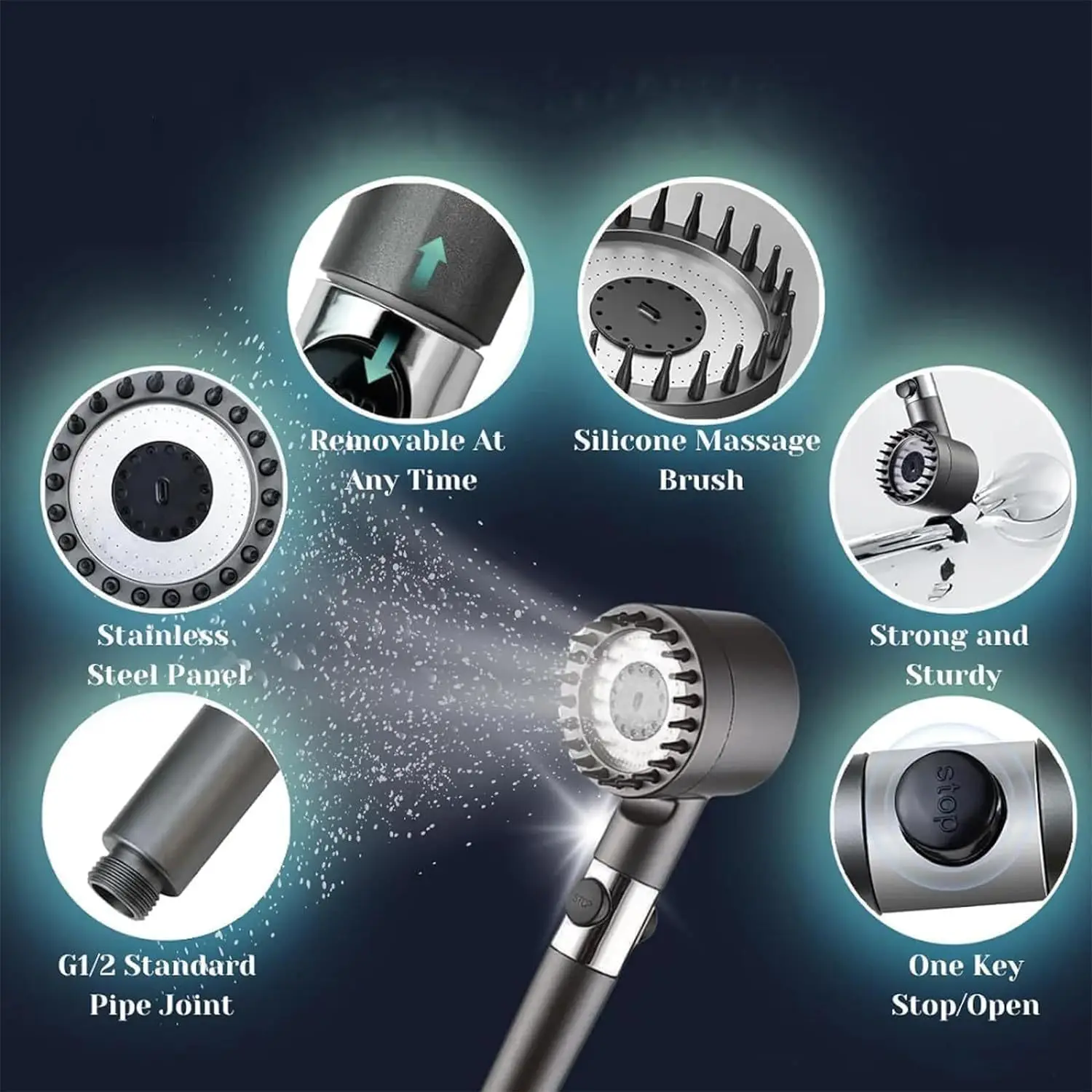 3 Colors Black/Gray/Black Purple Medium Shower Built-in Filter 3 Modes One Key Stop 62in Braided Hose Shower Bracket Shower Only view 5