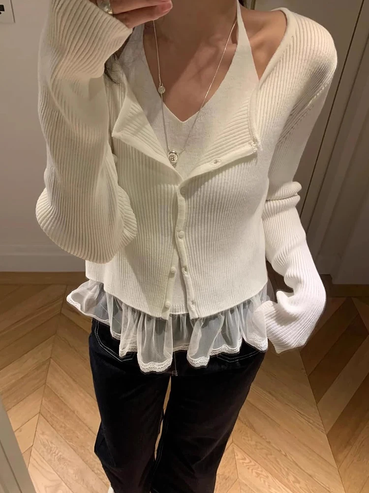 Conjunto de Moda con Diseño Único: Suéter Cárdigan Abierto de Punto con Tirantes Coles y Ribete de Encaje Otoñal Chic
