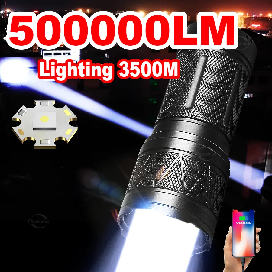 

500000 LM светодиодные фонари высокой мощности, USB перезаряжаемый тактический фонарь, дальний выстрел, 3500 м, ручная лампа, уличный фонарь для кемпинга