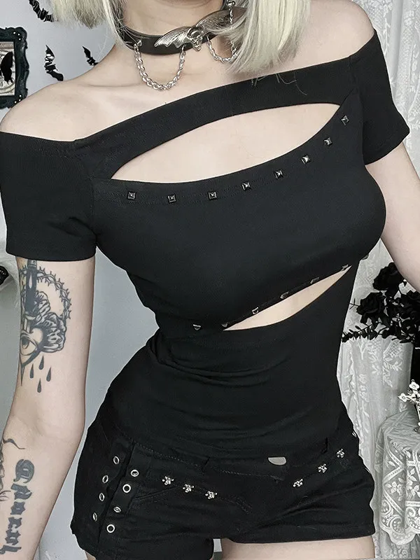 Women's Gothic Black Short Sleeve T-shirt Vintage Harajuku Emo T Shirt Alt E-girl Y2K Gyaru Hollow Out Tee Top for Women Summer