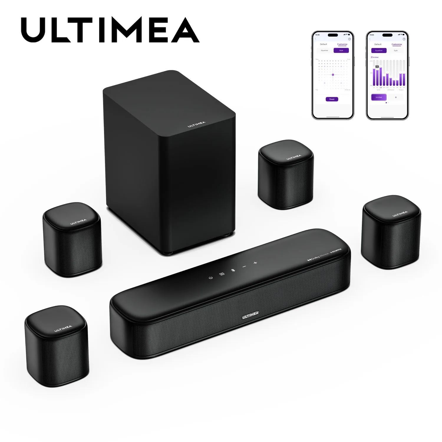 

ULTIMEA Aura A60 7.1ch Sound Bar with Dolby Atmos Surround Sound System for TV with 4 Black Surround Speakers for Home Theater