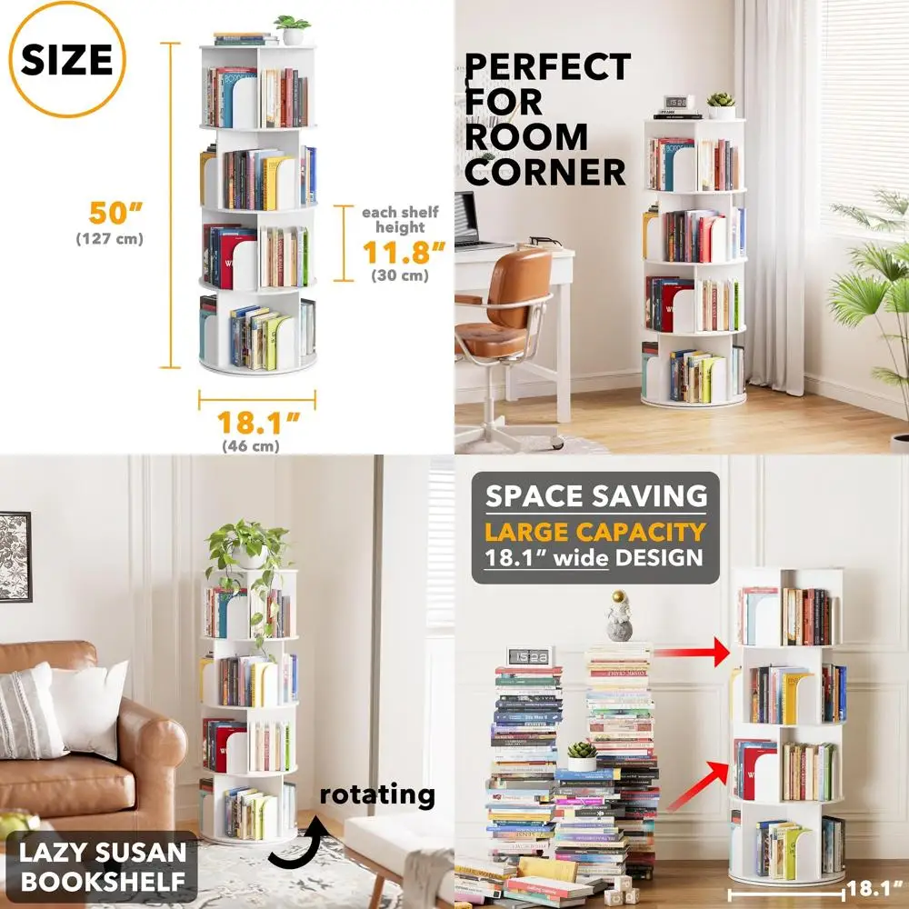 

Cross Style 4 Tier Rotating Bookshelf, Spinning 360 Bookcase Lazy Susan Tower, Vertical Revolving Books Shelf Storage Round Caro