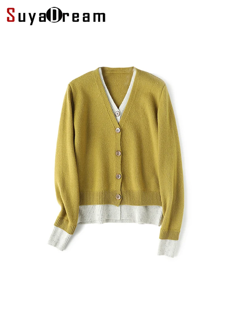 

SuyaDream, Women Cardigans, 100%Sheep Wool, V Neck, Contrast Color, Chic Sweaters, 2025 Fall Winter Warm Jackets, Ginger, Grey