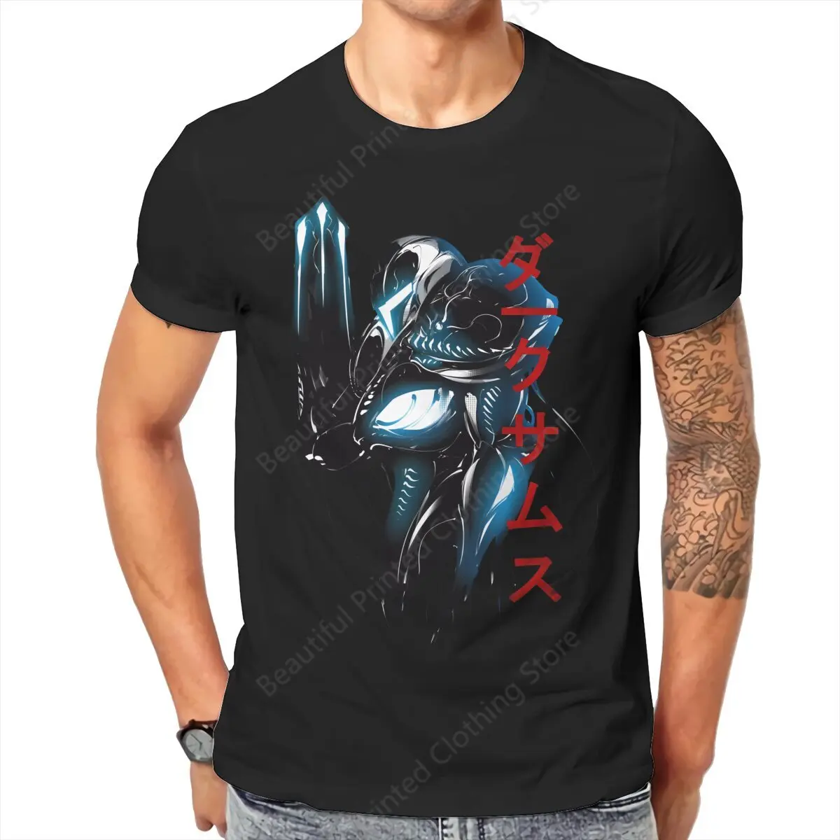 Metroid Samus Aran Game Mens T-Shirt Dark Samus Funny Printing T-ShirtsO-Neck Breathable Tee Cotton Fun Tees