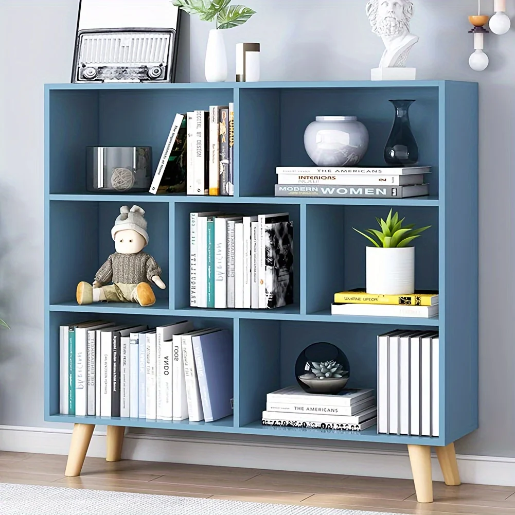 

Wooden Open Shelf Bookcase - 3-Tier Floor Standing Display Cabinet Rack With Legs, 7 Cubes Bookshelf, Bright Blue