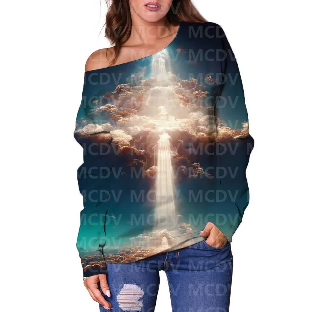 Women's Off Shoulder Sweater Jesus 3D Printed Women Casual Long Sleeve Sweater Pullover