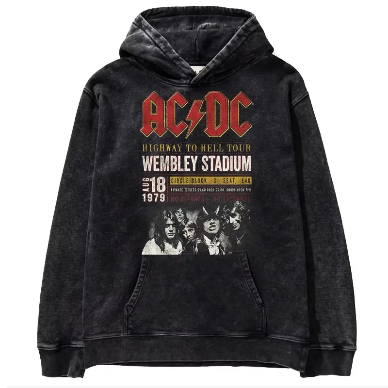 80 Years ACDC Band Music Rock Oversize American Retro Done Old Washed Batik Loose Plus Size Hooded Sweater