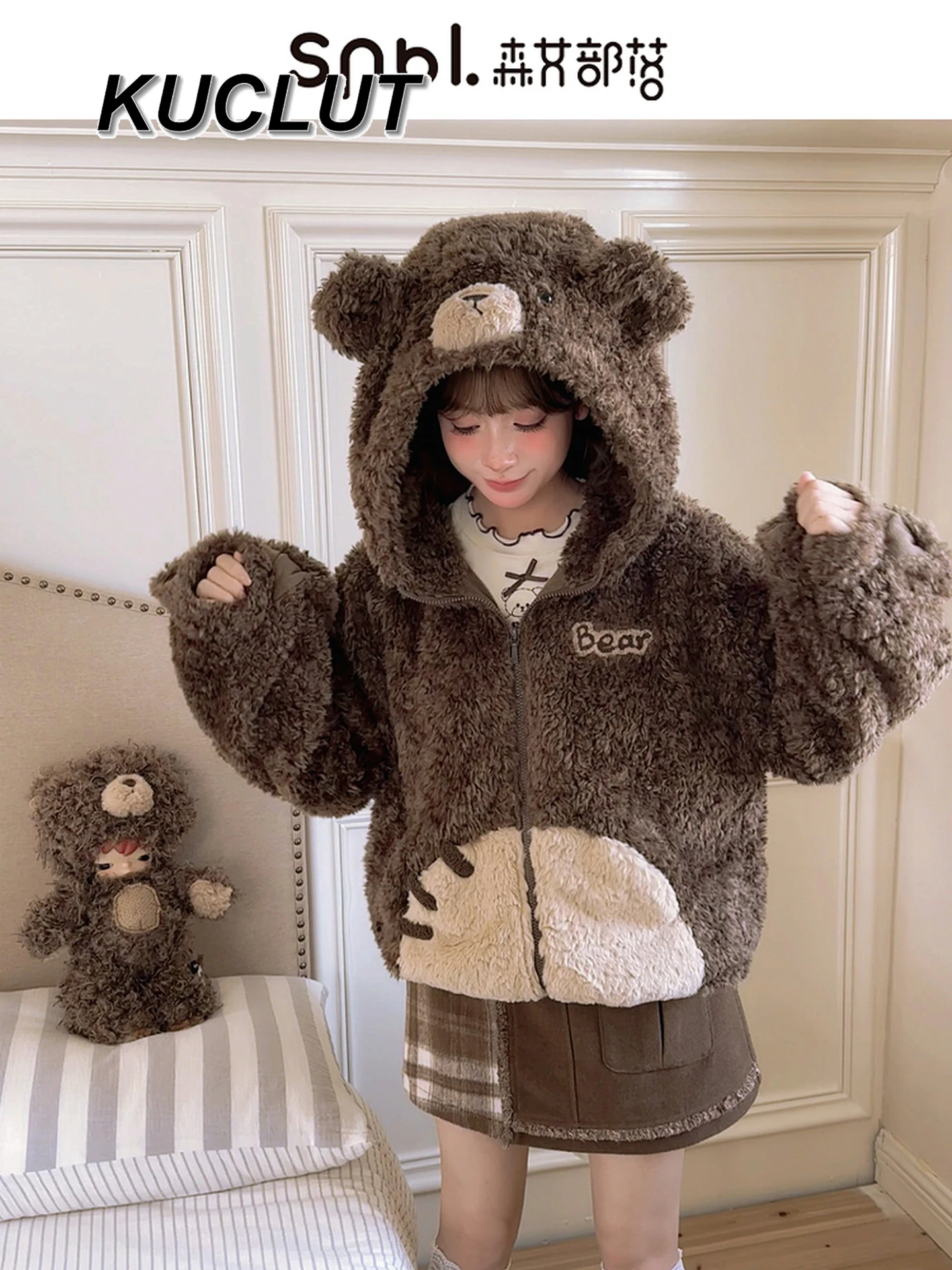 

Girl Style Bear Hooded Coat Fashion Fleece Sweatshirt for Women New Warm Coats for Women Winter Girls Casual Jackets