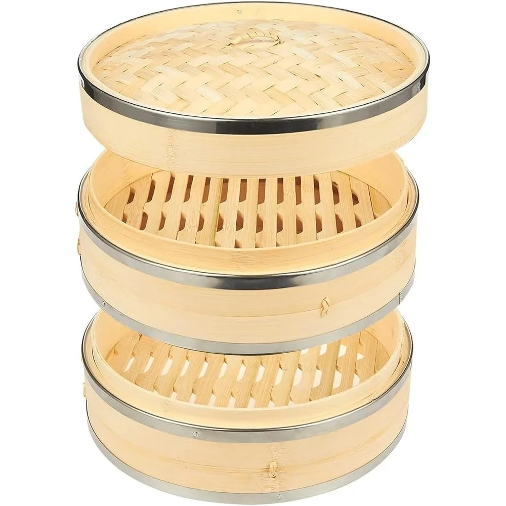 Cesta de vapor de bambú de 2 niveles con anillos de acero, albóndigas, verduras, cocina saludable, herramienta culinaria asiática esencial de cocina duradera
