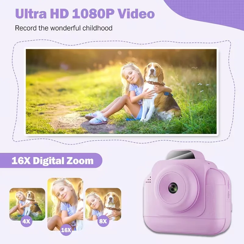 Câmera instantânea infantil, com 3 rolos de papel fotográfico, impressora de fotos de alta definição de 2,4 polegadas, vídeo 1080P, leitor de MP3, g