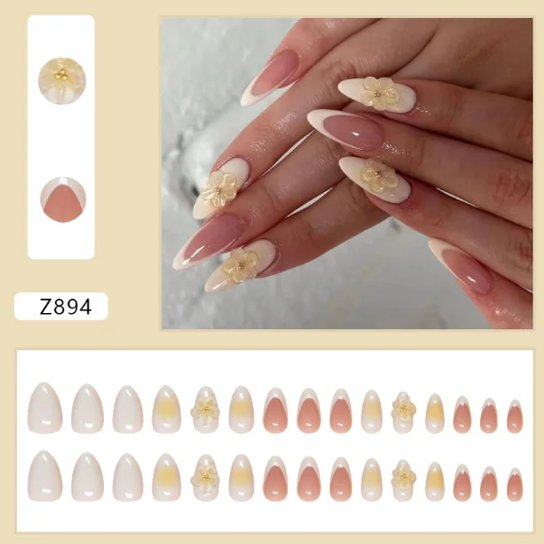 French Almond Press On Nails with 3D Flower Accents