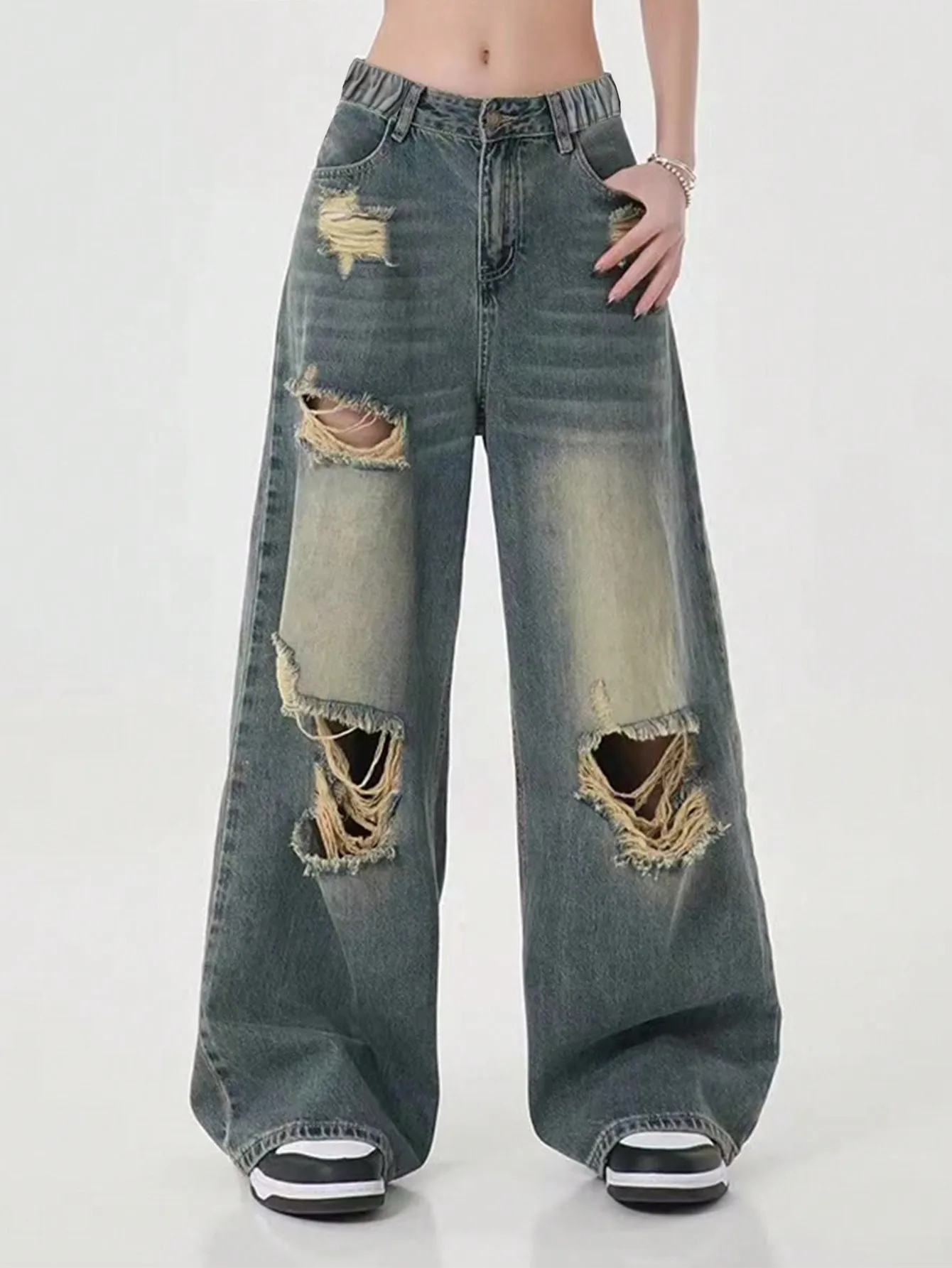 

Teenage Girls Boys Fashion Washed Hole Wide Leg Straight Pants Loose Casual Long Jeans for Teens