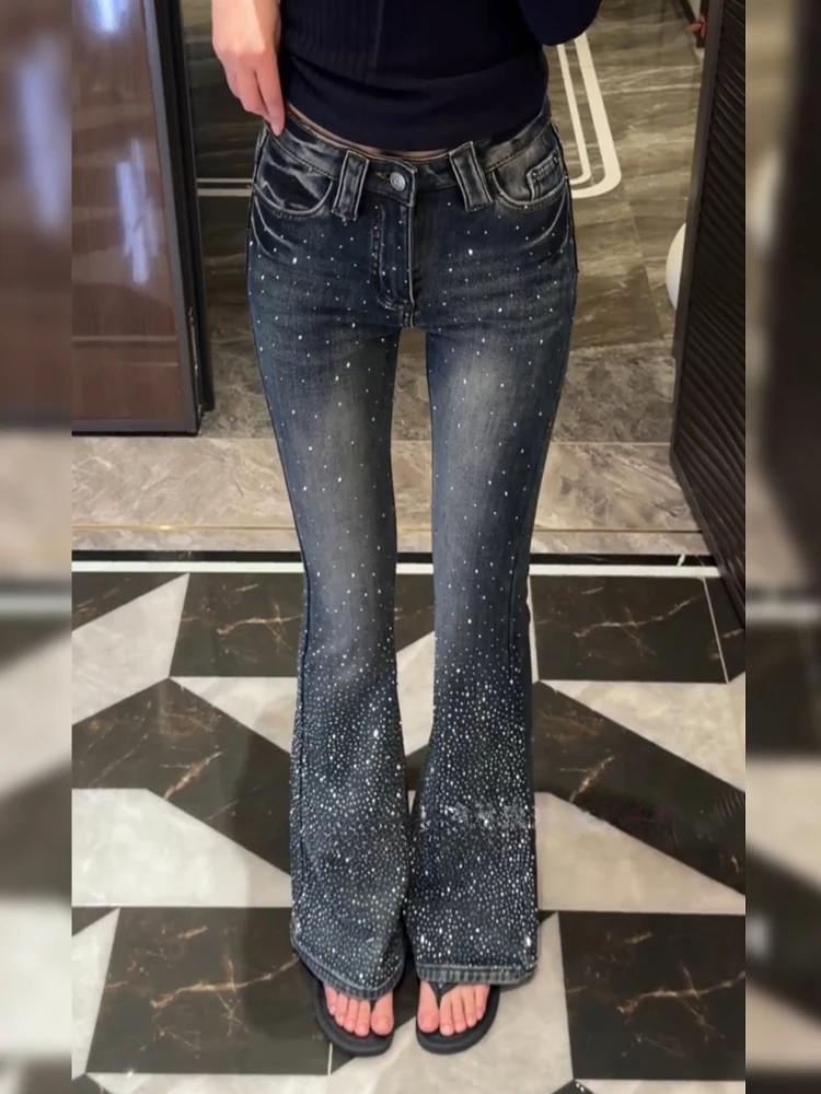 

Retro American Fashion Starry Diamond Splicing Denim Pants Women's Sexy Micro Flared Long Trousers Low Waist Zipper Closure