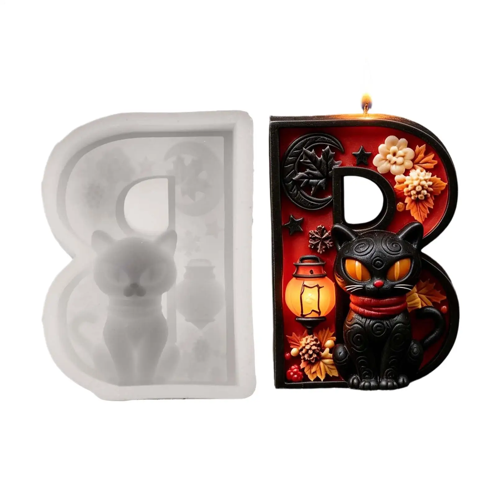 Halloween Alphabet B Candle Mold,3D Black Cat Spooky Decoration Halloween Alphabet B Silicone Mold For Wax Clay Crafts