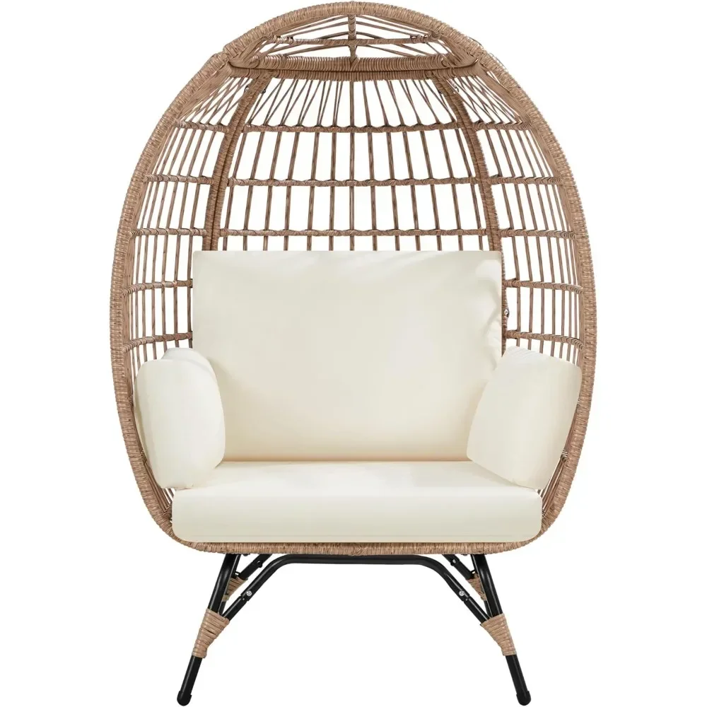 Egg Chair, PE Rattan Lounge Chair w/ 4 Cushions, Oversized Egg-Shaped Chair w/Metal Frame Stand, Living Room Chairs