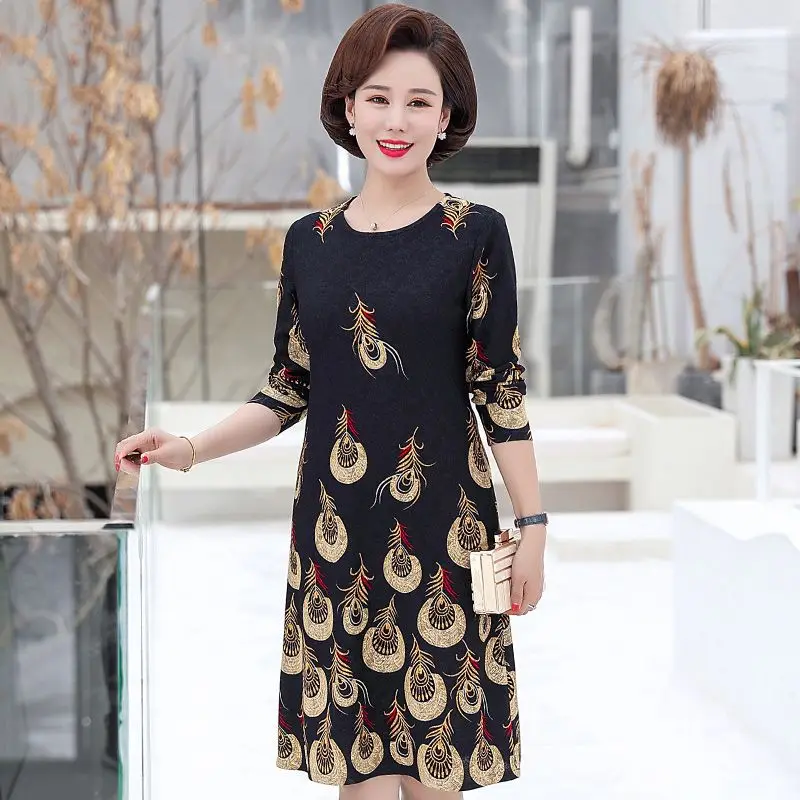 Knitted Dress New Mom Long Sleeve Dress Women\'s Printed Dress