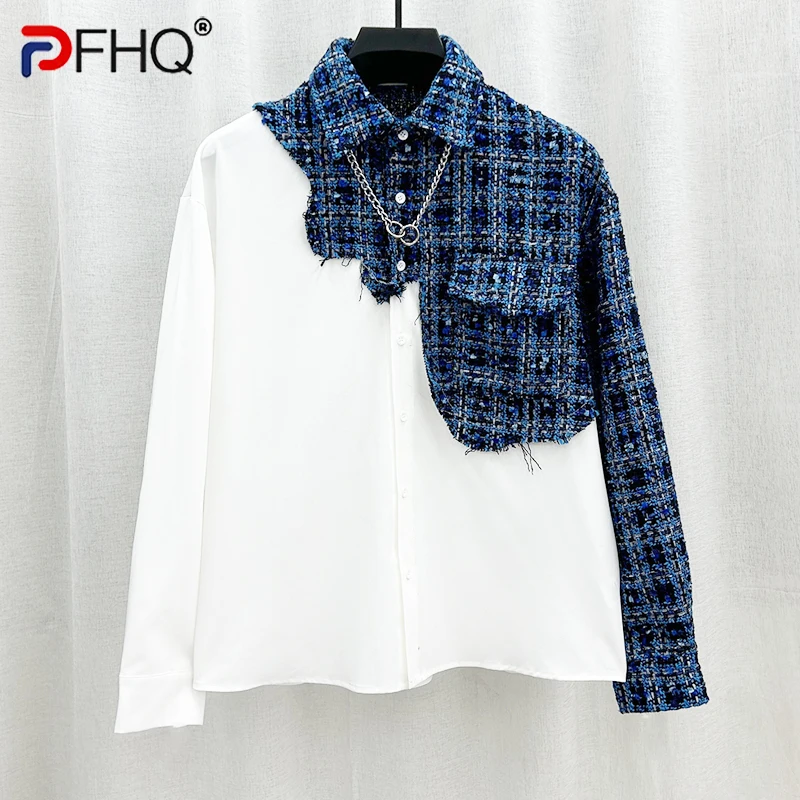 

PFHQ Denim Patchwork Shirts For Men's Fashion Small Fragrance Trend Long Sleeved Handsome Original Advanced Tops Summer 21Z4115